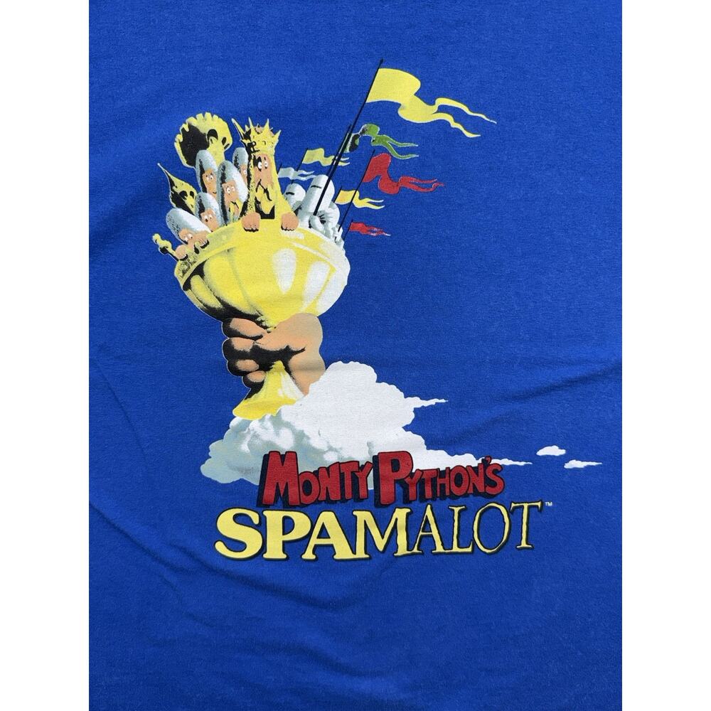 VINTAGE Monty Pythons Men T-Shirt Large Blue Spamalot Graphic Crew Neck Tee - Picture 2 of 6